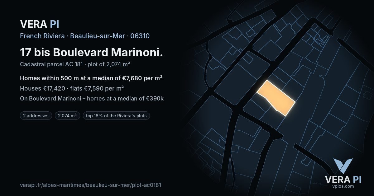 17 bis Boulevard Marinoni, Beaulieu-sur-Mer at night – the plot lit, the parcels around coloured by the prices near them