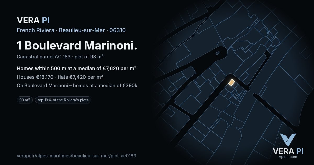 1 Boulevard Marinoni, Beaulieu-sur-Mer at night – the plot lit, the parcels around coloured by the prices near them