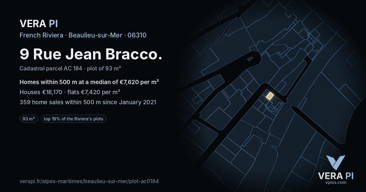9 Rue Jean Bracco, Beaulieu-sur-Mer at night – the plot lit, the parcels around coloured by the prices near them