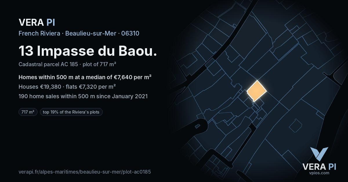 13 Impasse du Baou, Beaulieu-sur-Mer at night – the plot lit, the parcels around coloured by the prices near them