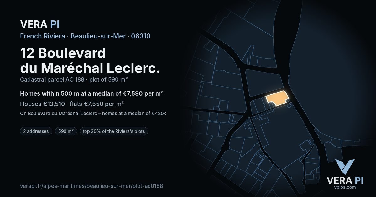 12 Boulevard du Maréchal Leclerc, Beaulieu-sur-Mer at night – the plot lit, the parcels around coloured by the prices near them
