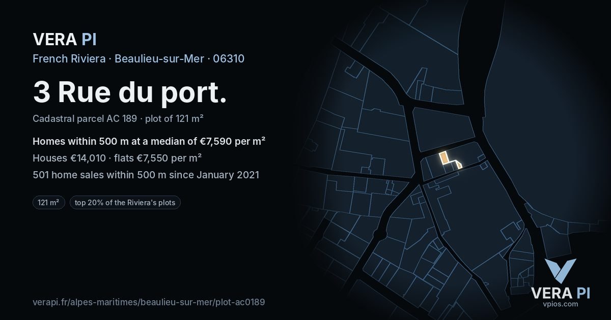 3 Rue du port, Beaulieu-sur-Mer at night – the plot lit, the parcels around coloured by the prices near them