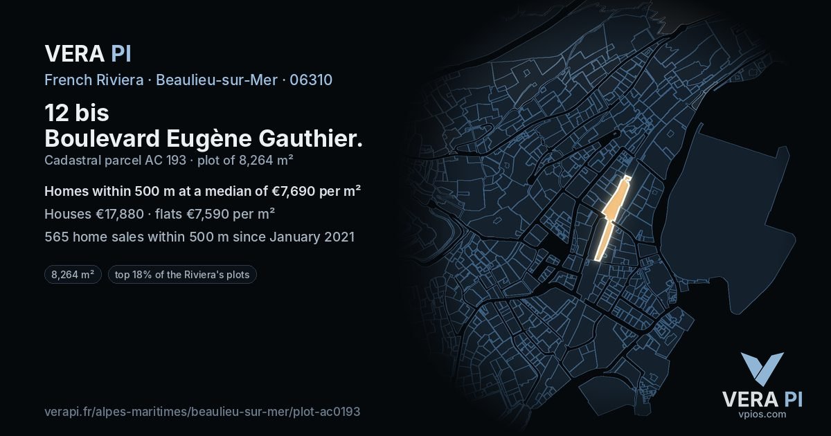 12 bis Boulevard Eugène Gauthier, Beaulieu-sur-Mer at night – the plot lit, the parcels around coloured by the prices near them