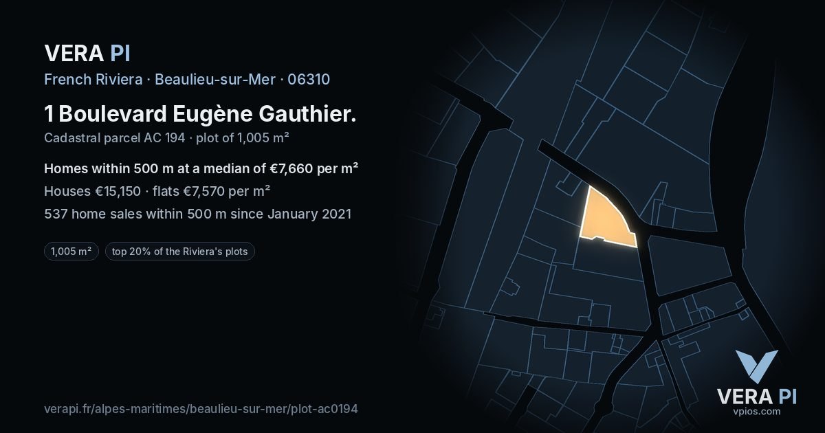 1 Boulevard Eugène Gauthier, Beaulieu-sur-Mer at night – the plot lit, the parcels around coloured by the prices near them