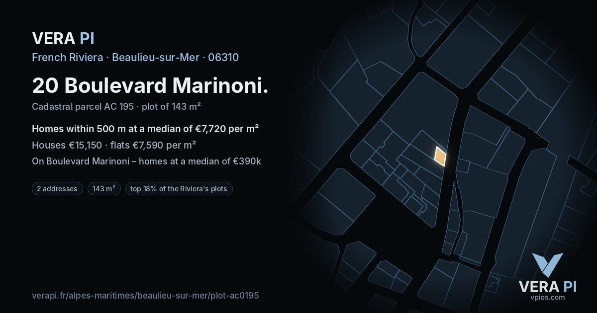 20 Boulevard Marinoni, Beaulieu-sur-Mer at night – the plot lit, the parcels around coloured by the prices near them
