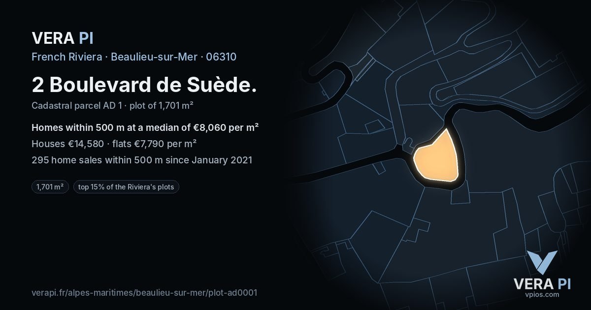 2 Boulevard de Suède, Beaulieu-sur-Mer at night – the plot lit, the parcels around coloured by the prices near them