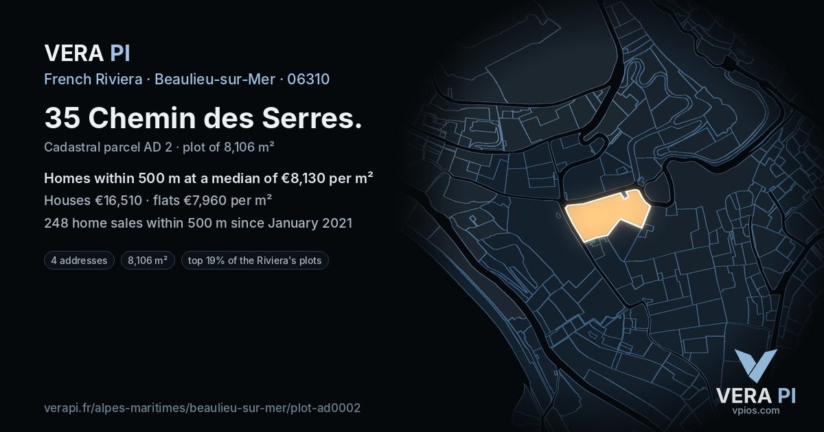 35 Chemin des Serres, Beaulieu-sur-Mer at night – the plot lit, the parcels around coloured by the prices near them