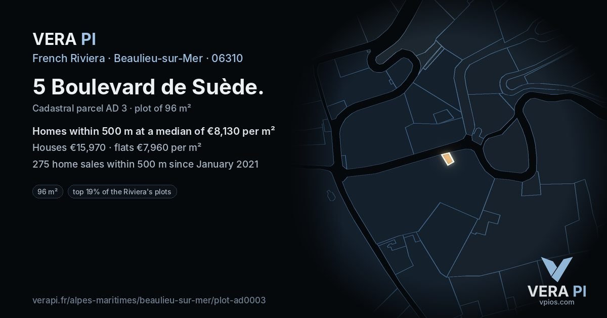 5 Boulevard de Suède, Beaulieu-sur-Mer at night – the plot lit, the parcels around coloured by the prices near them