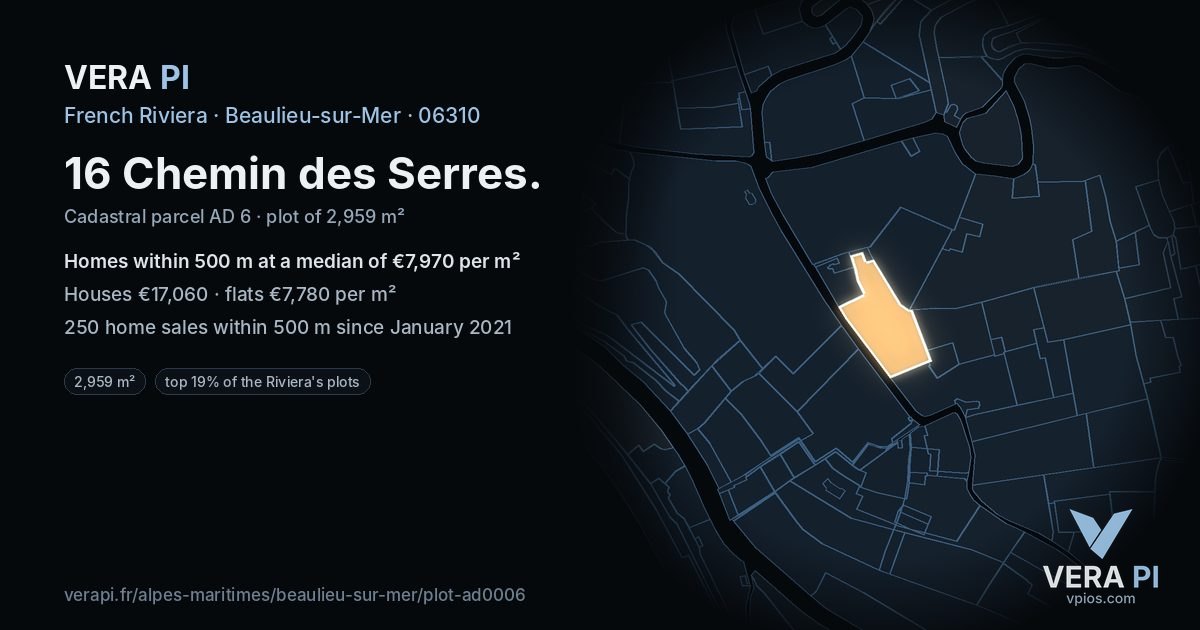 16 Chemin des Serres, Beaulieu-sur-Mer at night – the plot lit, the parcels around coloured by the prices near them