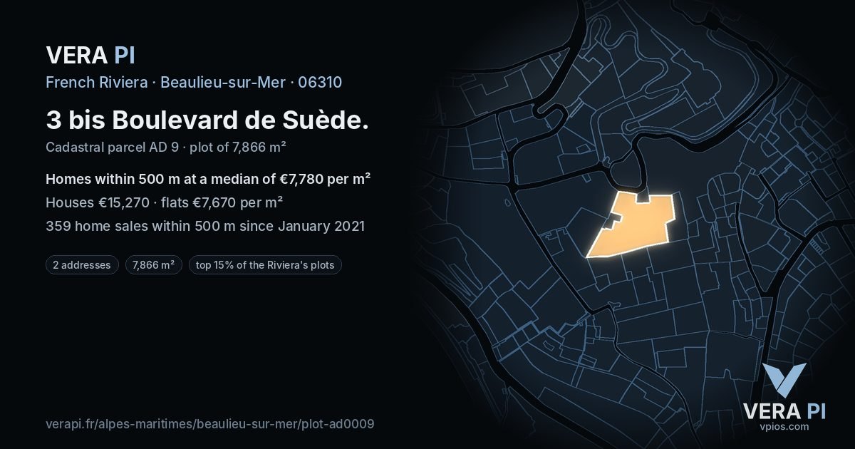 3 bis Boulevard de Suède, Beaulieu-sur-Mer at night – the plot lit, the parcels around coloured by the prices near them