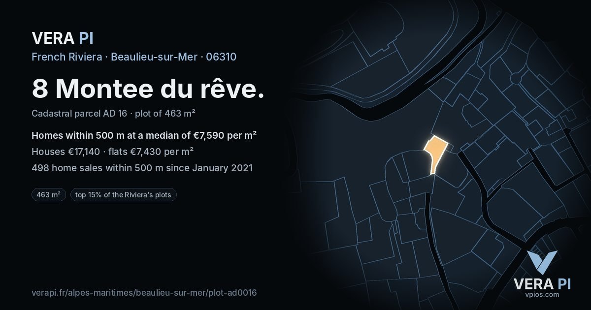 8 Montee du rêve, Beaulieu-sur-Mer at night – the plot lit, the parcels around coloured by the prices near them