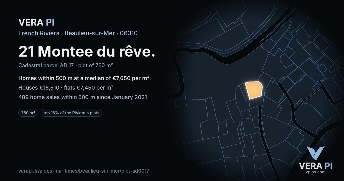 21 Montee du rêve, Beaulieu-sur-Mer at night – the plot lit, the parcels around coloured by the prices near them