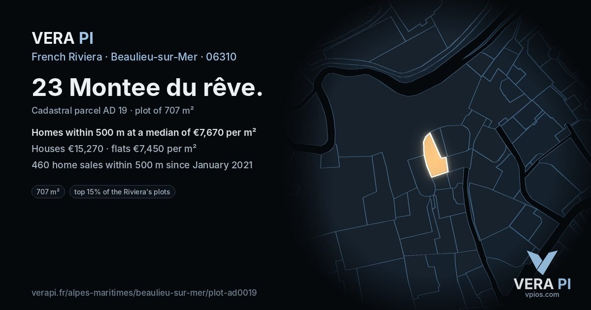 23 Montee du rêve, Beaulieu-sur-Mer at night – the plot lit, the parcels around coloured by the prices near them