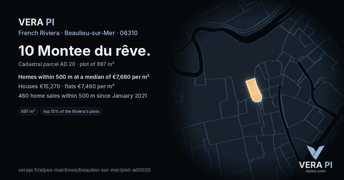 10 Montee du rêve, Beaulieu-sur-Mer at night – the plot lit, the parcels around coloured by the prices near them