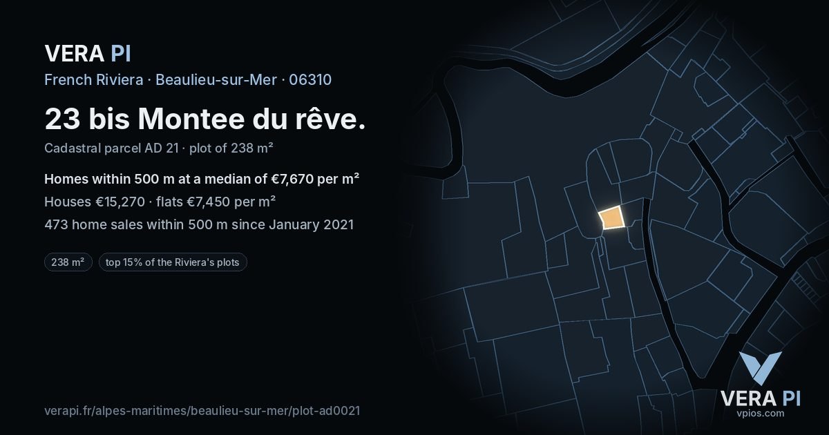 23 bis Montee du rêve, Beaulieu-sur-Mer at night – the plot lit, the parcels around coloured by the prices near them
