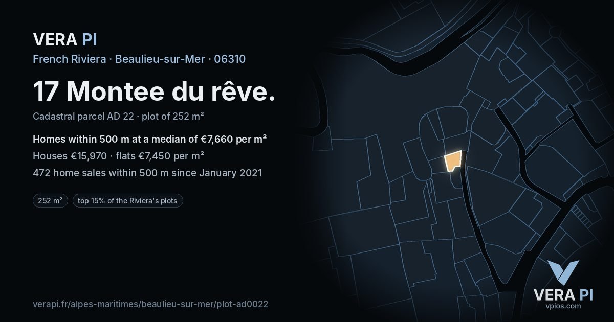 17 Montee du rêve, Beaulieu-sur-Mer at night – the plot lit, the parcels around coloured by the prices near them