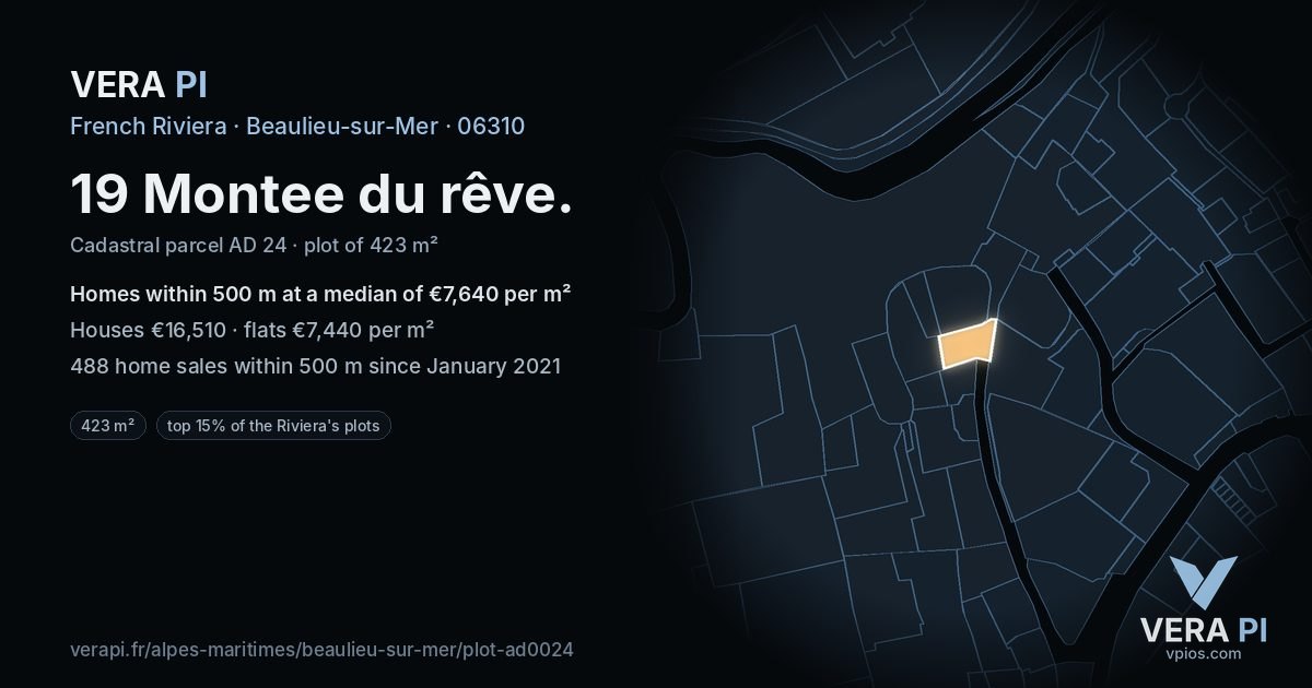 19 Montee du rêve, Beaulieu-sur-Mer at night – the plot lit, the parcels around coloured by the prices near them