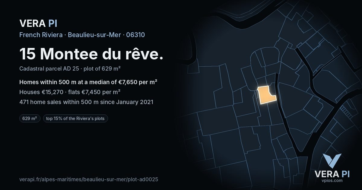 15 Montee du rêve, Beaulieu-sur-Mer at night – the plot lit, the parcels around coloured by the prices near them