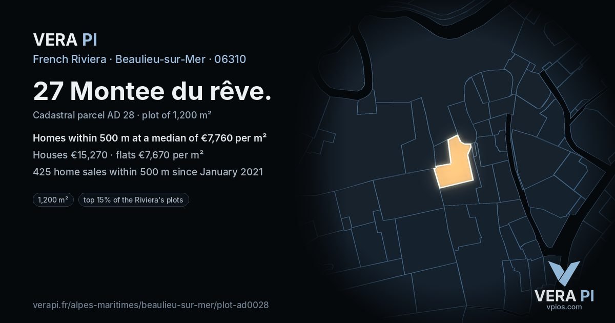 27 Montee du rêve, Beaulieu-sur-Mer at night – the plot lit, the parcels around coloured by the prices near them