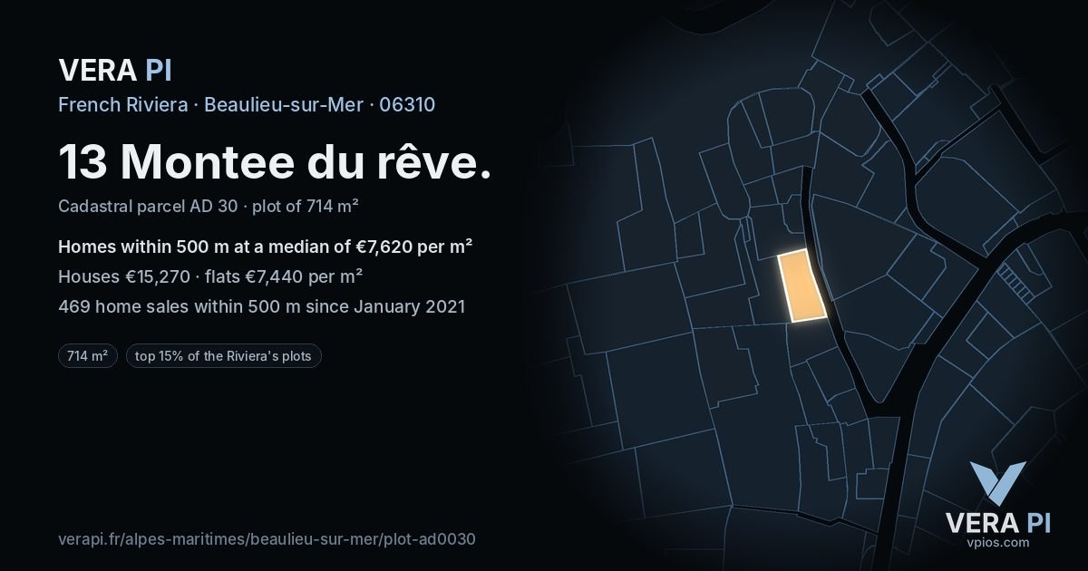 13 Montee du rêve, Beaulieu-sur-Mer at night – the plot lit, the parcels around coloured by the prices near them