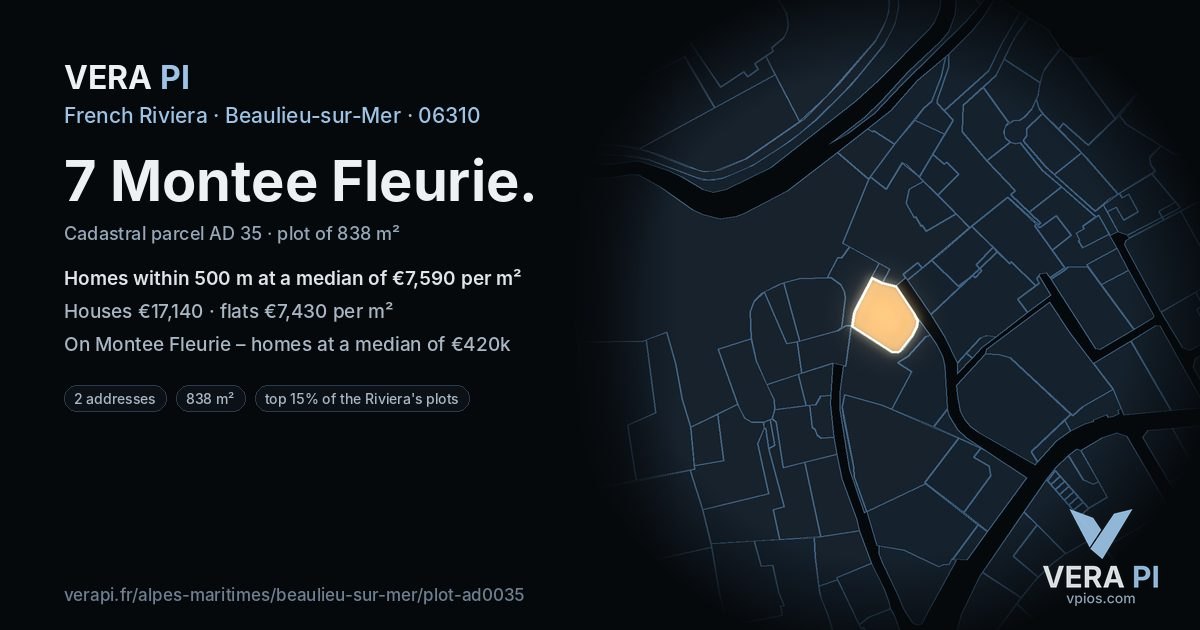 7 Montee Fleurie, Beaulieu-sur-Mer at night – the plot lit, the parcels around coloured by the prices near them