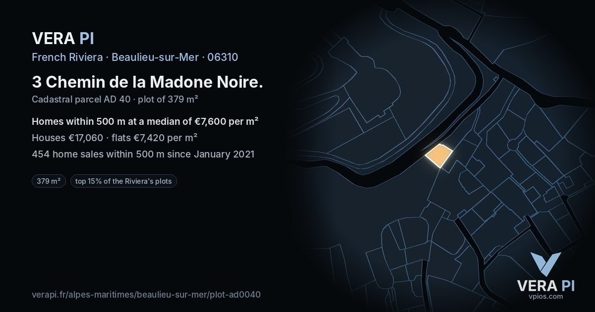 3 Chemin de la Madone Noire, Beaulieu-sur-Mer at night – the plot lit, the parcels around coloured by the prices near them