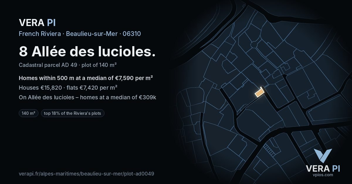 8 Allée des lucioles, Beaulieu-sur-Mer at night – the plot lit, the parcels around coloured by the prices near them