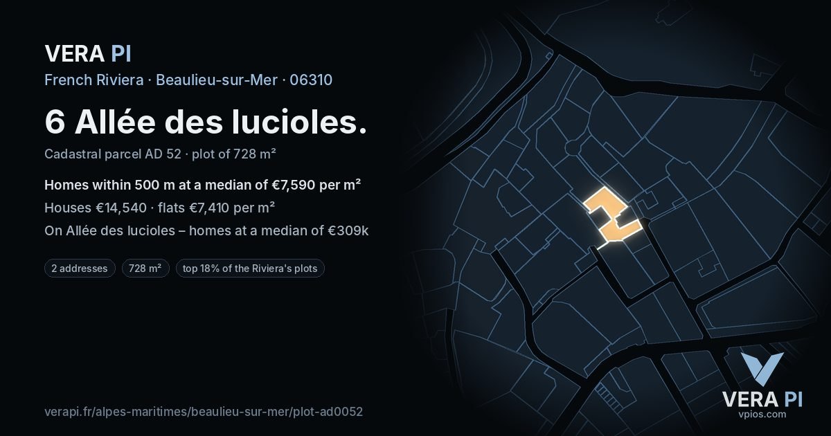 6 Allée des lucioles, Beaulieu-sur-Mer at night – the plot lit, the parcels around coloured by the prices near them