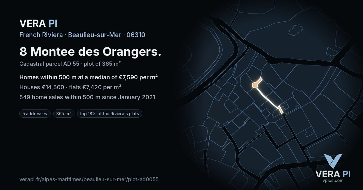 8 Montee des Orangers, Beaulieu-sur-Mer at night – the plot lit, the parcels around coloured by the prices near them