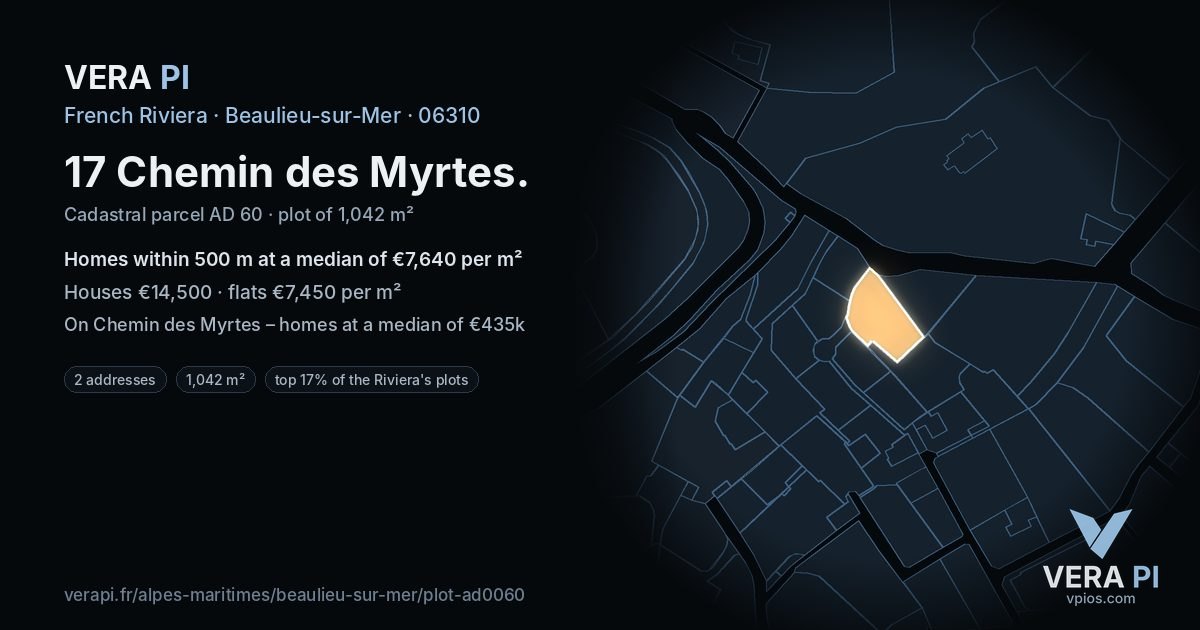 17 Chemin des Myrtes, Beaulieu-sur-Mer at night – the plot lit, the parcels around coloured by the prices near them