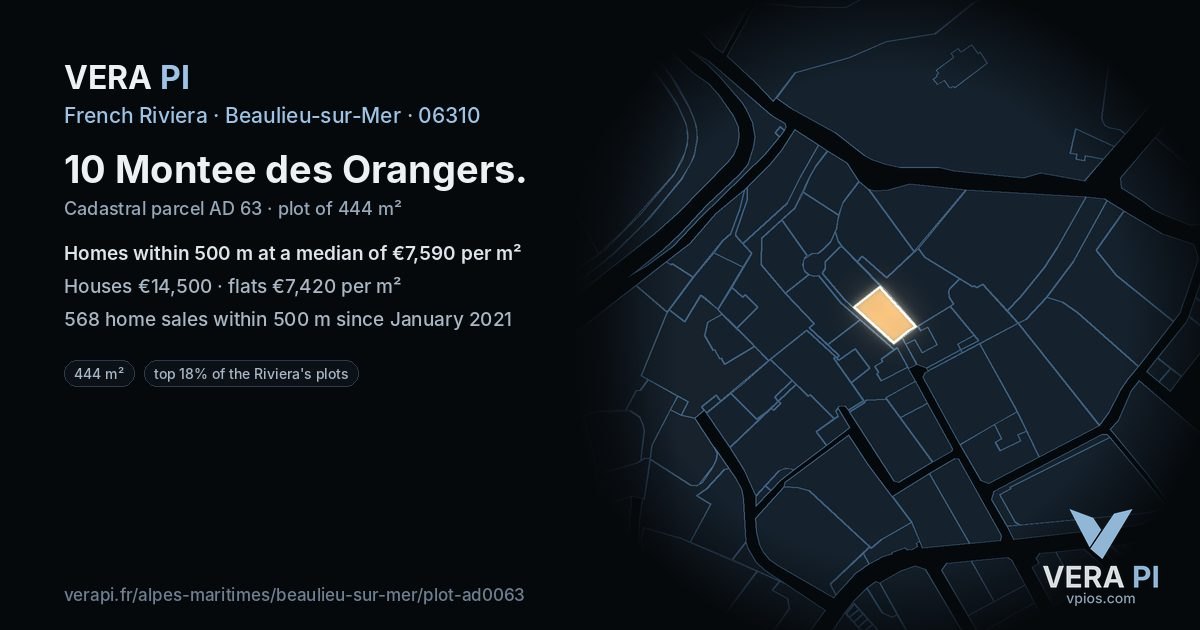10 Montee des Orangers, Beaulieu-sur-Mer at night – the plot lit, the parcels around coloured by the prices near them