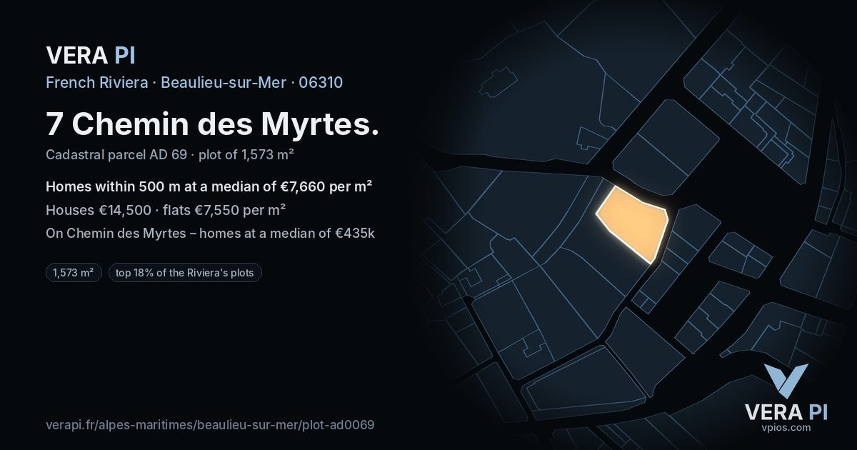 7 Chemin des Myrtes, Beaulieu-sur-Mer at night – the plot lit, the parcels around coloured by the prices near them