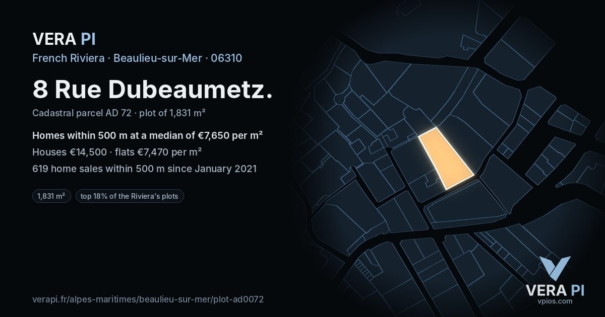 8 Rue Dubeaumetz, Beaulieu-sur-Mer at night – the plot lit, the parcels around coloured by the prices near them