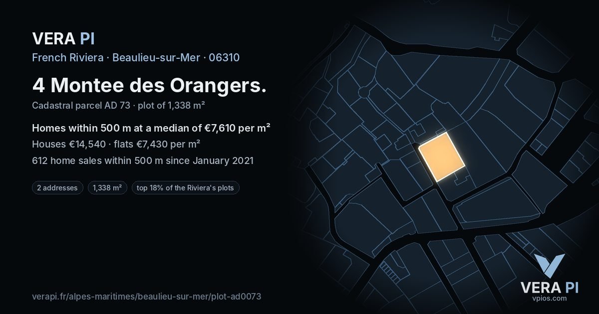 4 Montee des Orangers, Beaulieu-sur-Mer at night – the plot lit, the parcels around coloured by the prices near them