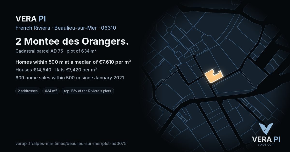 2 Montee des Orangers, Beaulieu-sur-Mer at night – the plot lit, the parcels around coloured by the prices near them