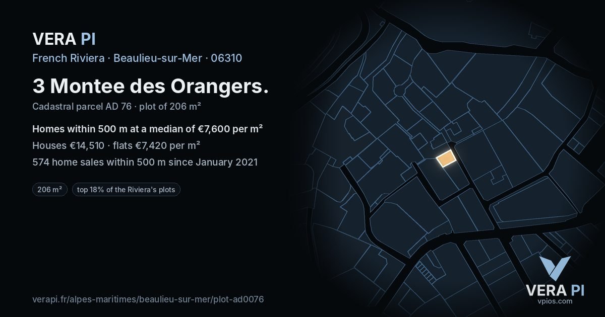 3 Montee des Orangers, Beaulieu-sur-Mer at night – the plot lit, the parcels around coloured by the prices near them