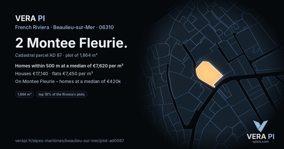2 Montee Fleurie, Beaulieu-sur-Mer at night – the plot lit, the parcels around coloured by the prices near them