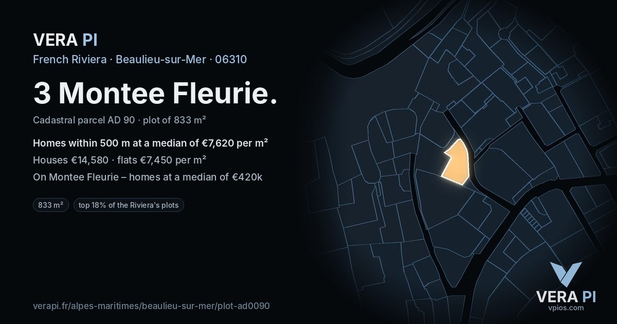 3 Montee Fleurie, Beaulieu-sur-Mer at night – the plot lit, the parcels around coloured by the prices near them