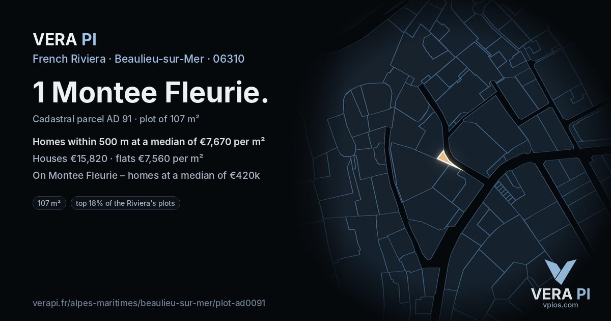 1 Montee Fleurie, Beaulieu-sur-Mer at night – the plot lit, the parcels around coloured by the prices near them
