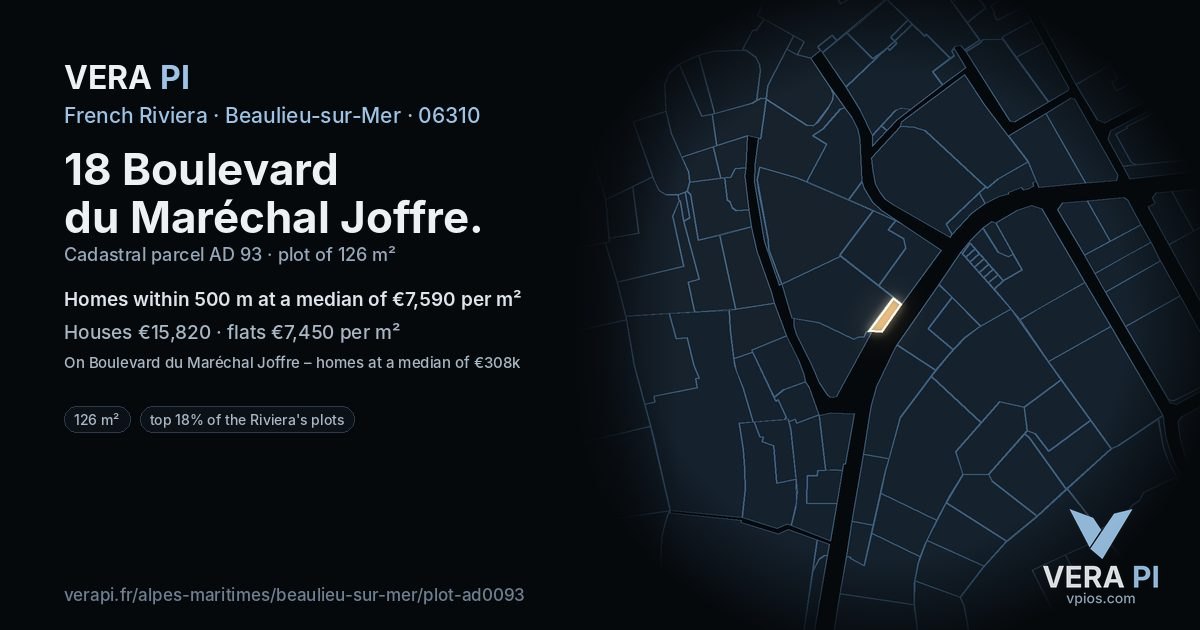 18 Boulevard du Maréchal Joffre, Beaulieu-sur-Mer at night – the plot lit, the parcels around coloured by the prices near them