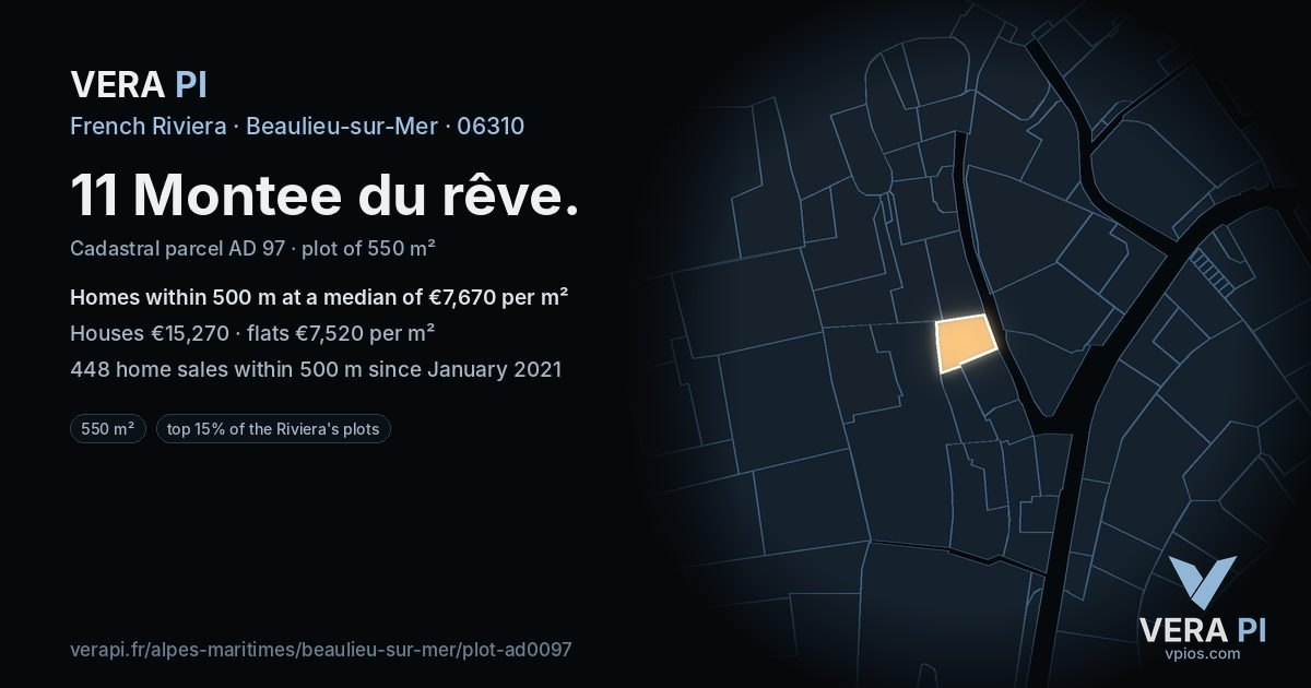 11 Montee du rêve, Beaulieu-sur-Mer at night – the plot lit, the parcels around coloured by the prices near them