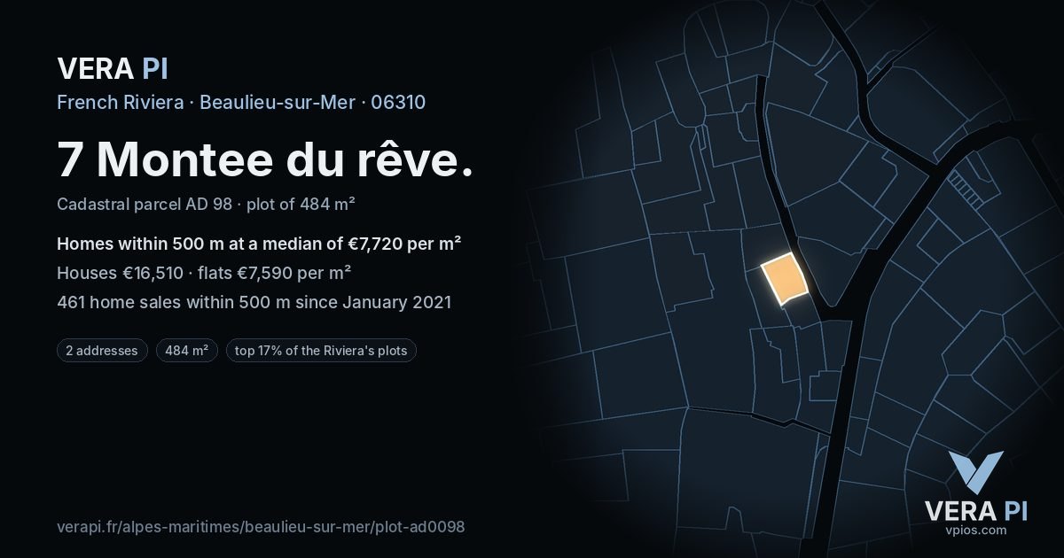 7 Montee du rêve, Beaulieu-sur-Mer at night – the plot lit, the parcels around coloured by the prices near them