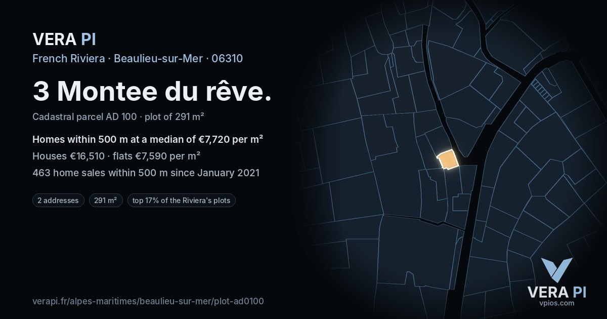 3 Montee du rêve, Beaulieu-sur-Mer at night – the plot lit, the parcels around coloured by the prices near them