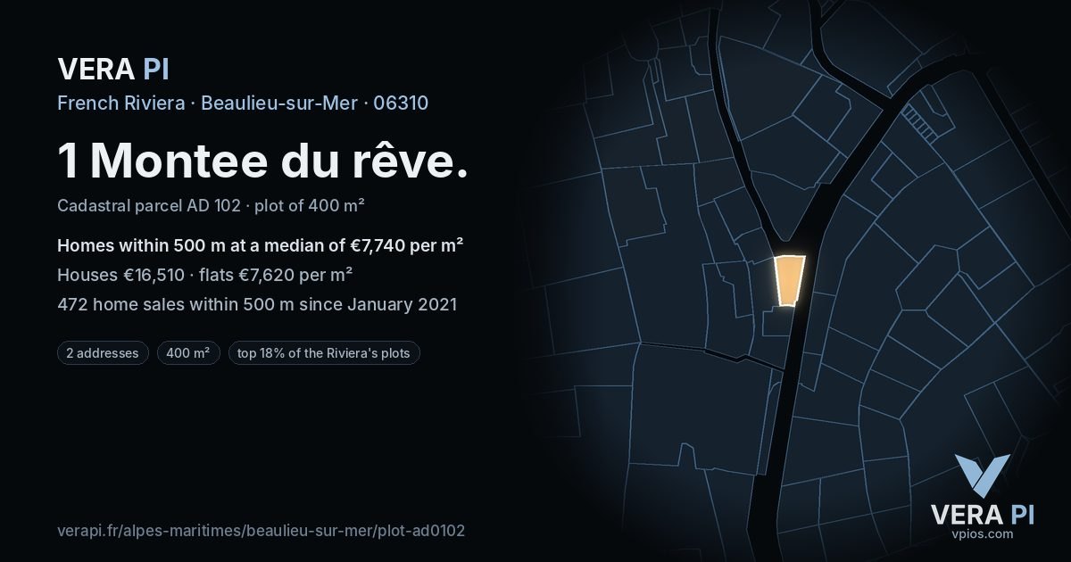 1 Montee du rêve, Beaulieu-sur-Mer at night – the plot lit, the parcels around coloured by the prices near them