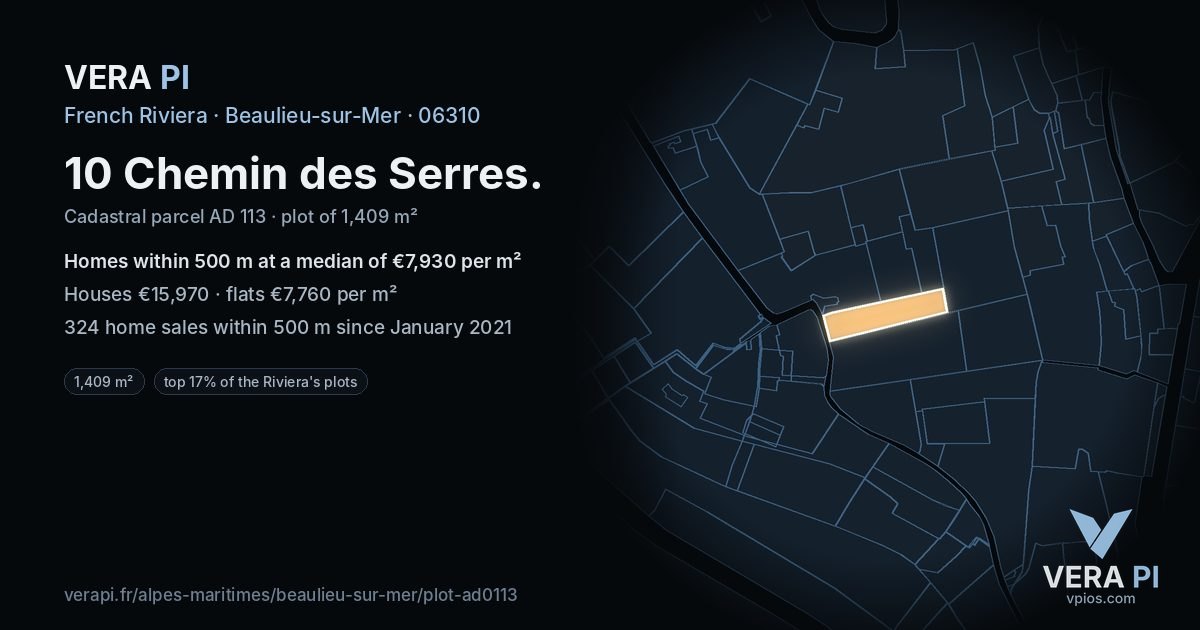 10 Chemin des Serres, Beaulieu-sur-Mer at night – the plot lit, the parcels around coloured by the prices near them