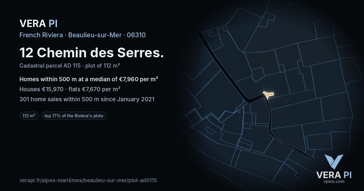 12 Chemin des Serres, Beaulieu-sur-Mer at night – the plot lit, the parcels around coloured by the prices near them