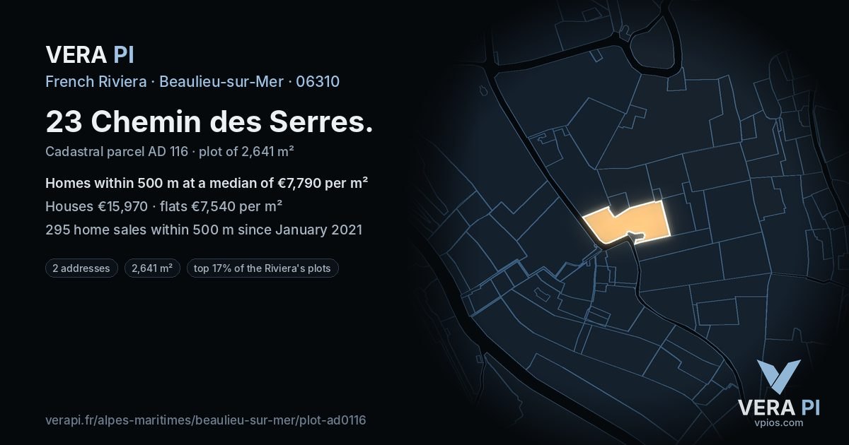 23 Chemin des Serres, Beaulieu-sur-Mer at night – the plot lit, the parcels around coloured by the prices near them