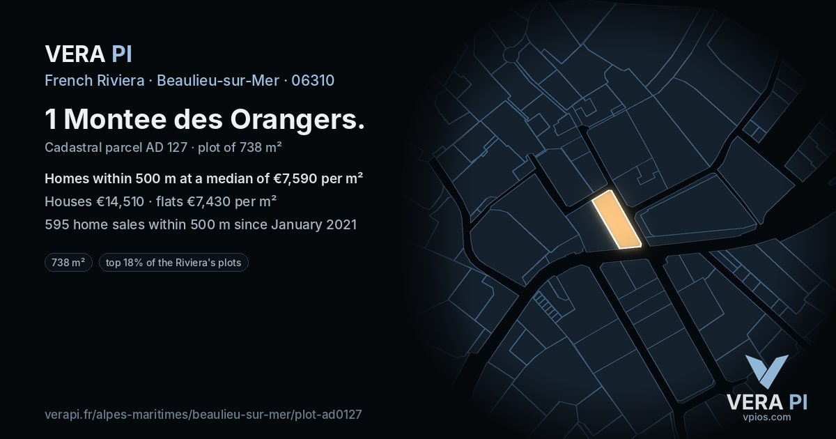1 Montee des Orangers, Beaulieu-sur-Mer at night – the plot lit, the parcels around coloured by the prices near them