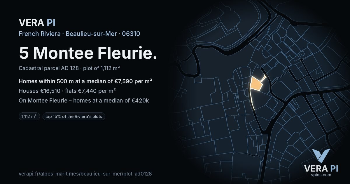 5 Montee Fleurie, Beaulieu-sur-Mer at night – the plot lit, the parcels around coloured by the prices near them