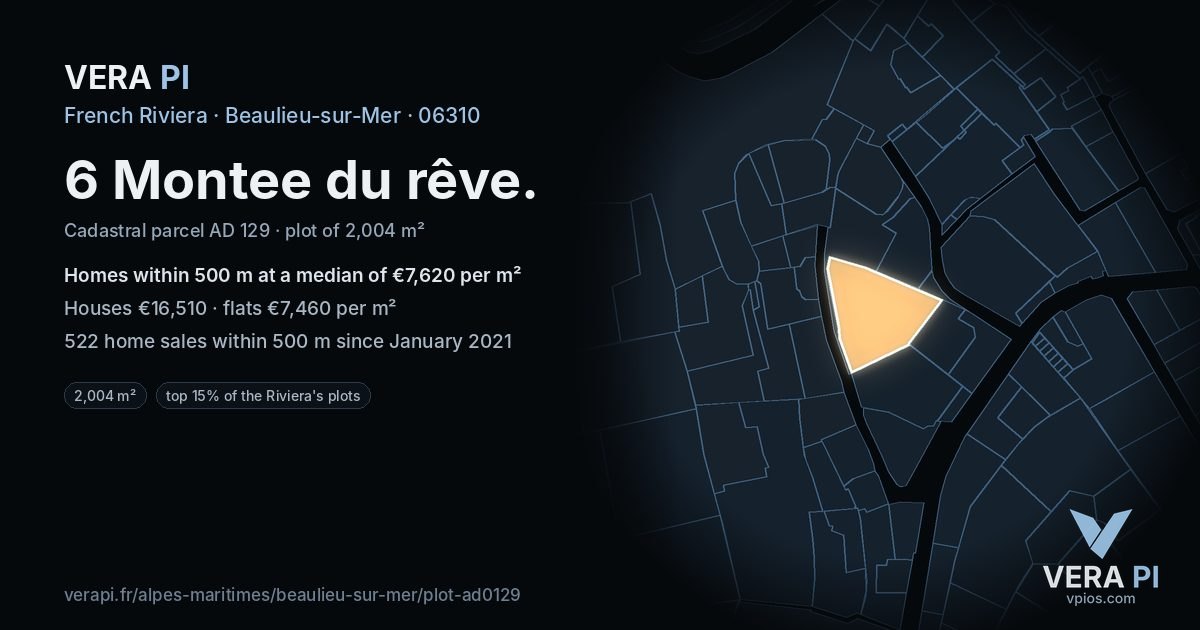 6 Montee du rêve, Beaulieu-sur-Mer at night – the plot lit, the parcels around coloured by the prices near them